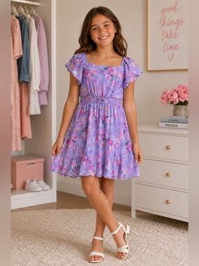 Three Hearts Girls’ Lavender Floral Shimmer Dress with Flutter Sleeves, Girls L